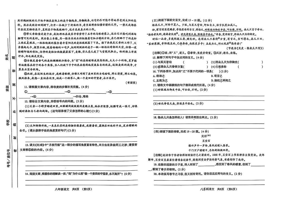 甘肃省天水市麦积区2024-2025学年八年级下学期3月月考语文试题第3页