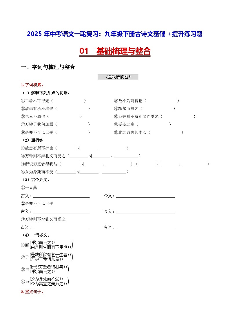 2025年中考语文一轮复习：九年级下册古诗文基础+提升练习题（含答案解析）第1页