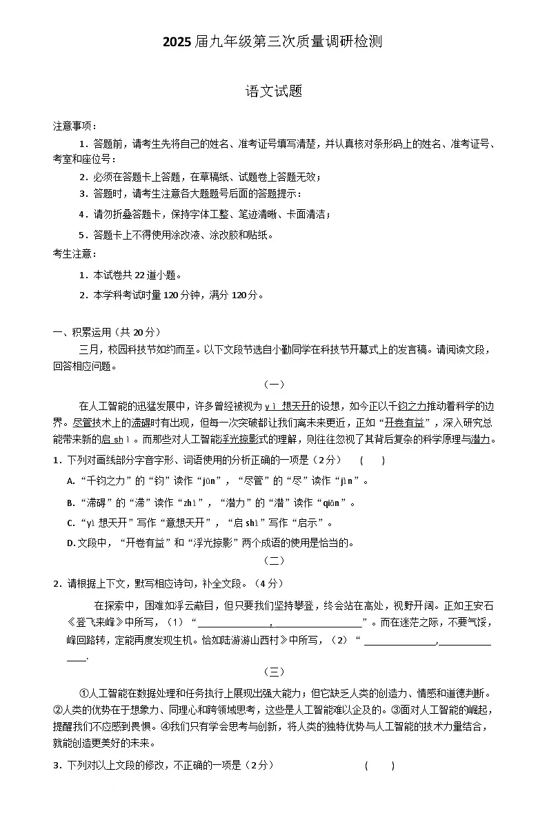 2025年湖南省长沙市湖南师大附中教育集团第三次质检（中考一模）语文试题第1页