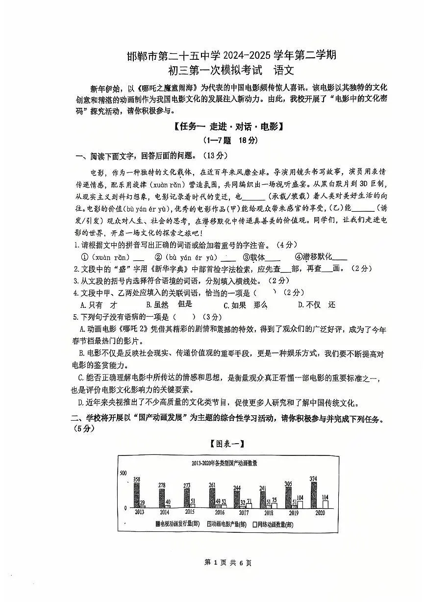 2025年河北省邯郸市第二十五中学中考第一次模拟测试语文试卷第1页