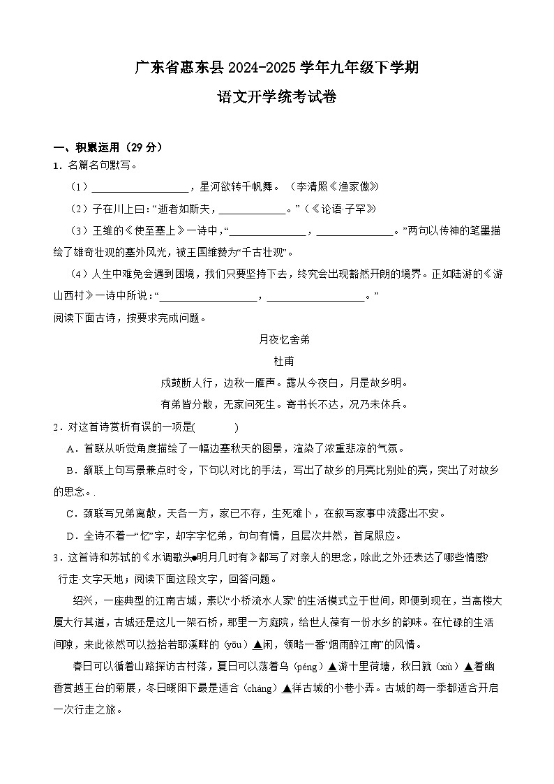 广东省惠东县2024-2025学年九年级下学期语文开学统考试卷第1页
