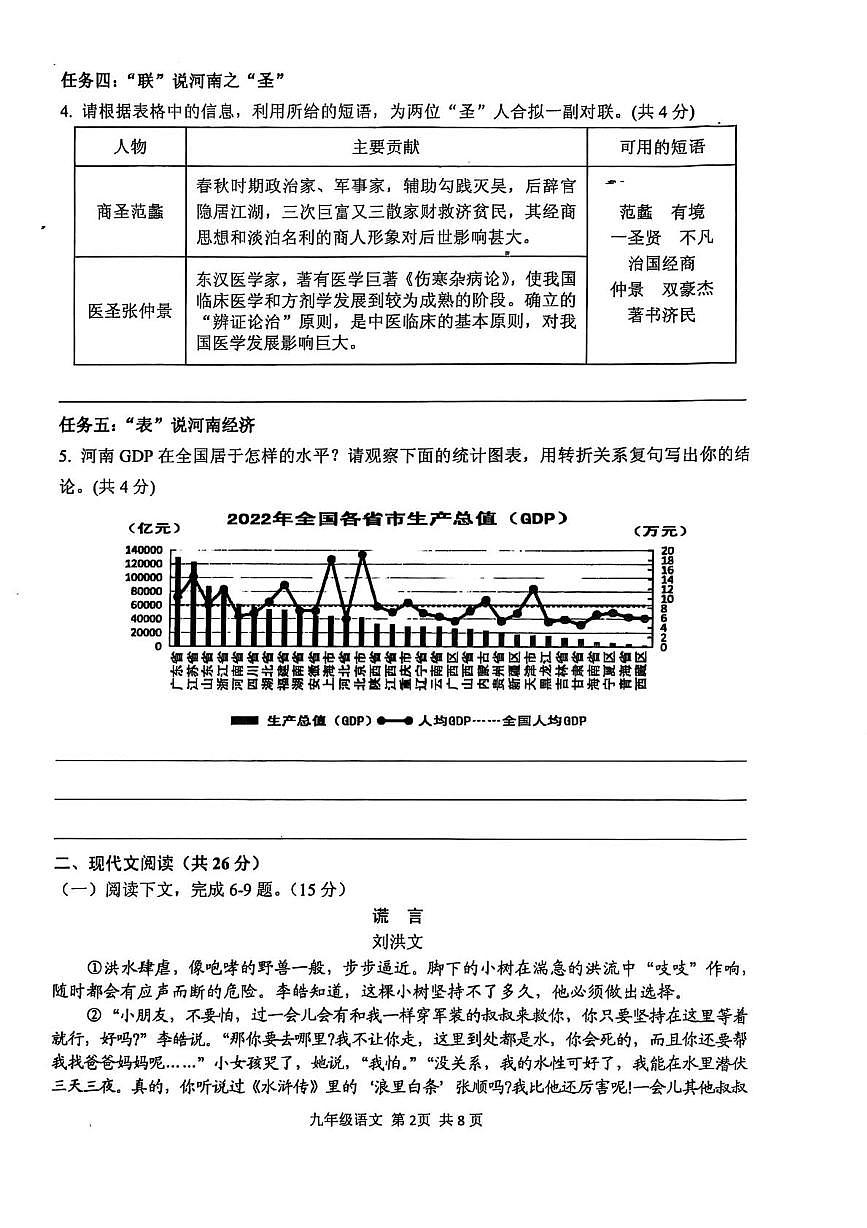 河南省驻马店上蔡县2024-2025学年九年级上学期期末素质测试语文试卷（pdf版，含答案）第2页