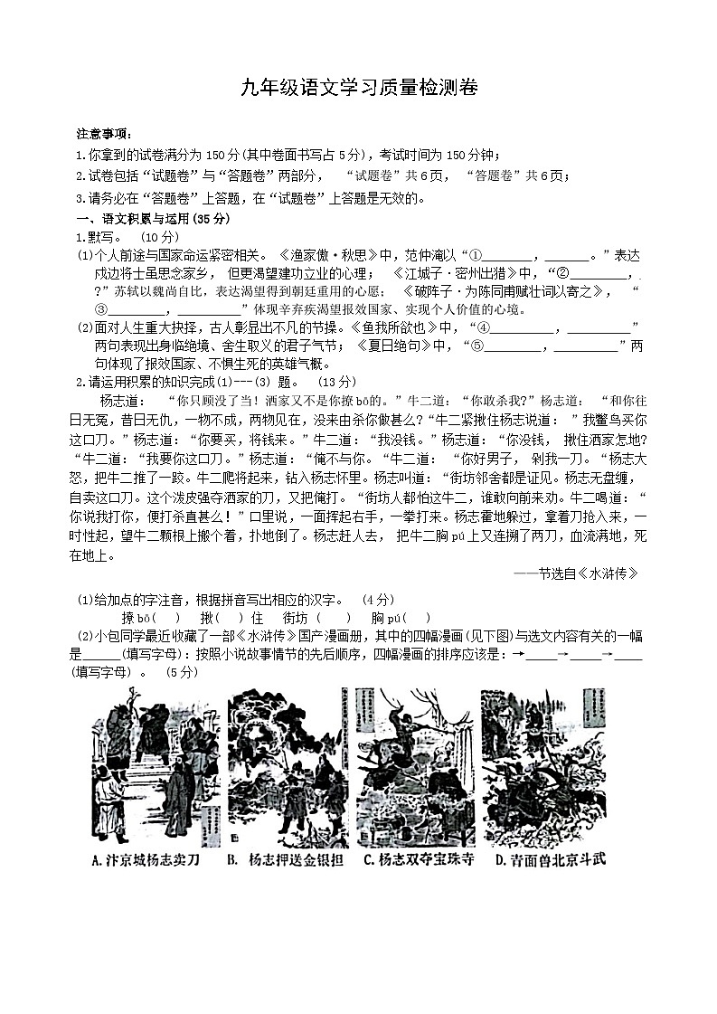 安徽省合肥市新站区2024-2025学年九年级上学期期末语文试题（含答案）第1页