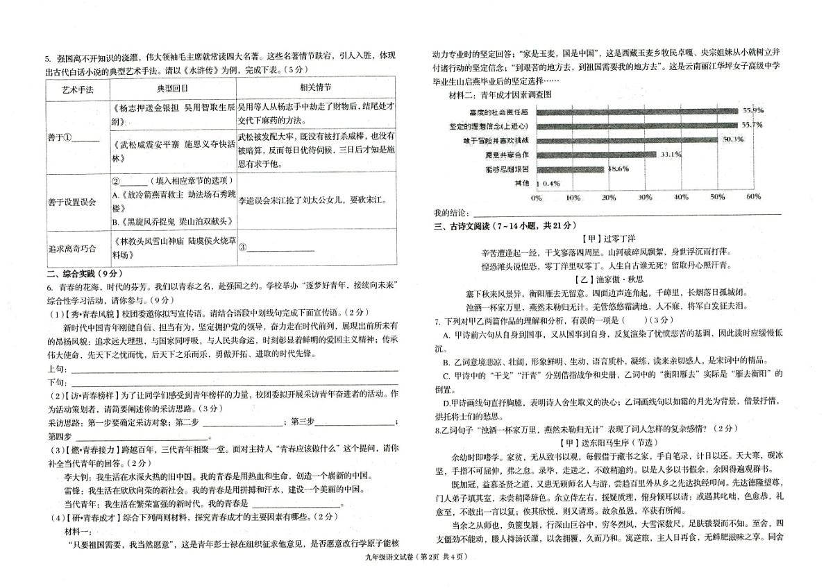 2024-2025学年第一学期甘肃省武威第二十七中学九年级语文部编版第三次月考试卷第2页