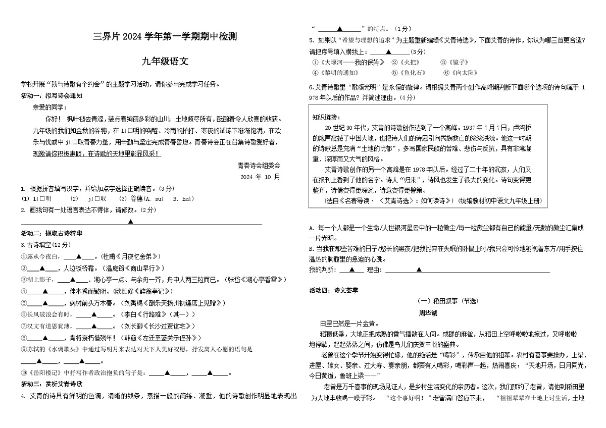 浙江省嵊州市三界片2024—2025学年九年级上学期期中测试语文卷第1页
