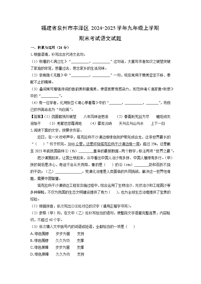 福建省泉州市丰泽区2024-2025学年九年级上学期期末考试语文试卷（解析版）第1页