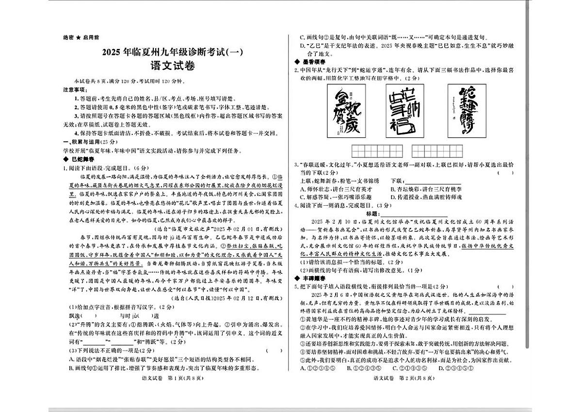 2025年甘肃省临夏回族自治州中考一模语文试题第1页