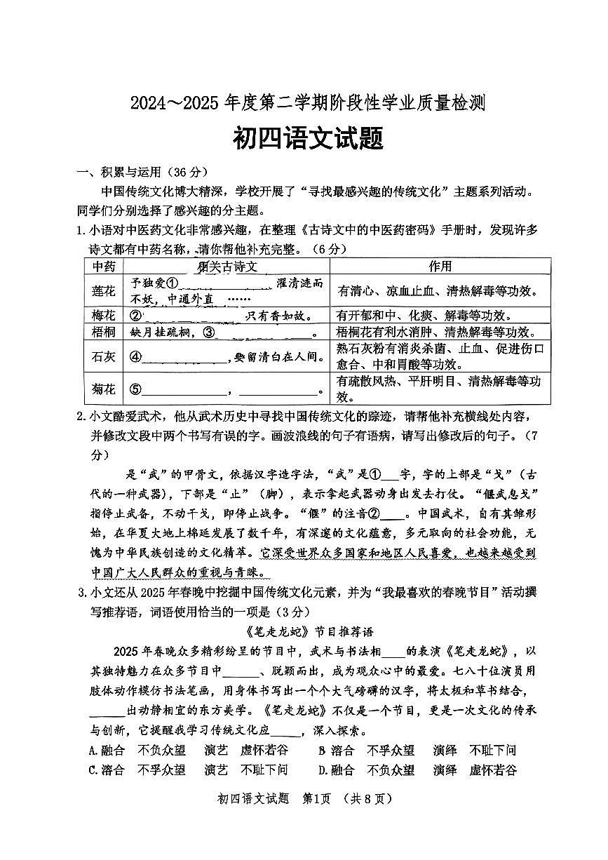 2025年山东省淄博市高新区中考一模语文试题第1页