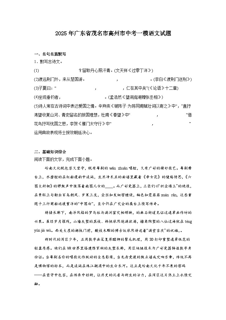 2025年广东省茂名市高州市中考一模语文试题（含答案）第1页