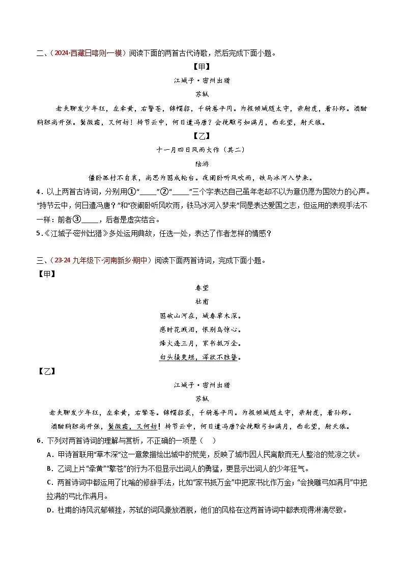 2024中考模拟题语文专题28：九下古诗词对比阅读精练-备战2025年中考语文一轮复习古代诗歌阅读（全国通用）原卷版第2页