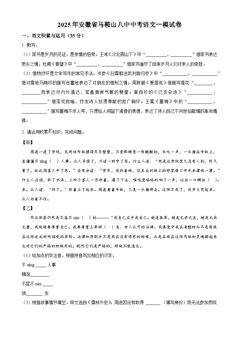 2025年安徽省马鞍山市第八中学中考一模语文试题（原卷版+解析版）第1页