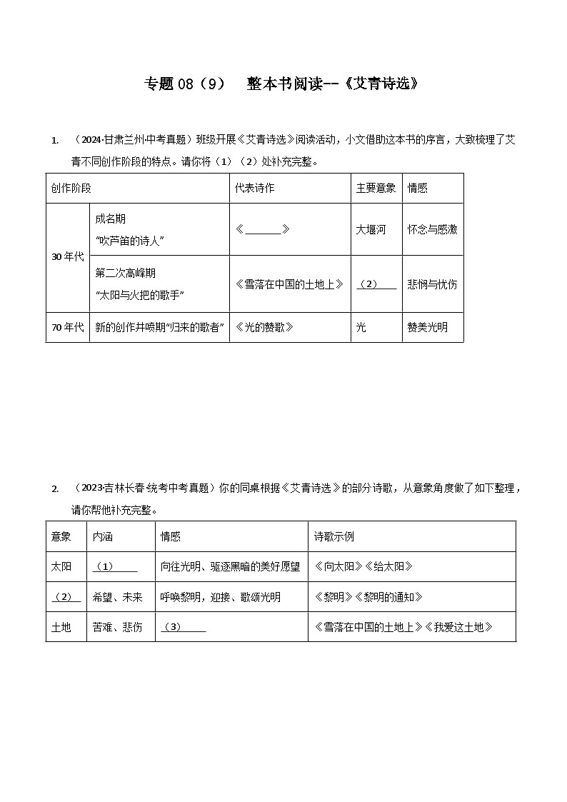 专题08整本书阅读（9） 《艾青诗选》-三年（2022-2024）中考语文真题分项汇编（全国）第1页