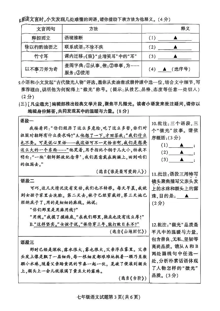 江苏省徐州市铜山区2024-2025学年度第二学期期中质量自测七年级语文试卷第3页