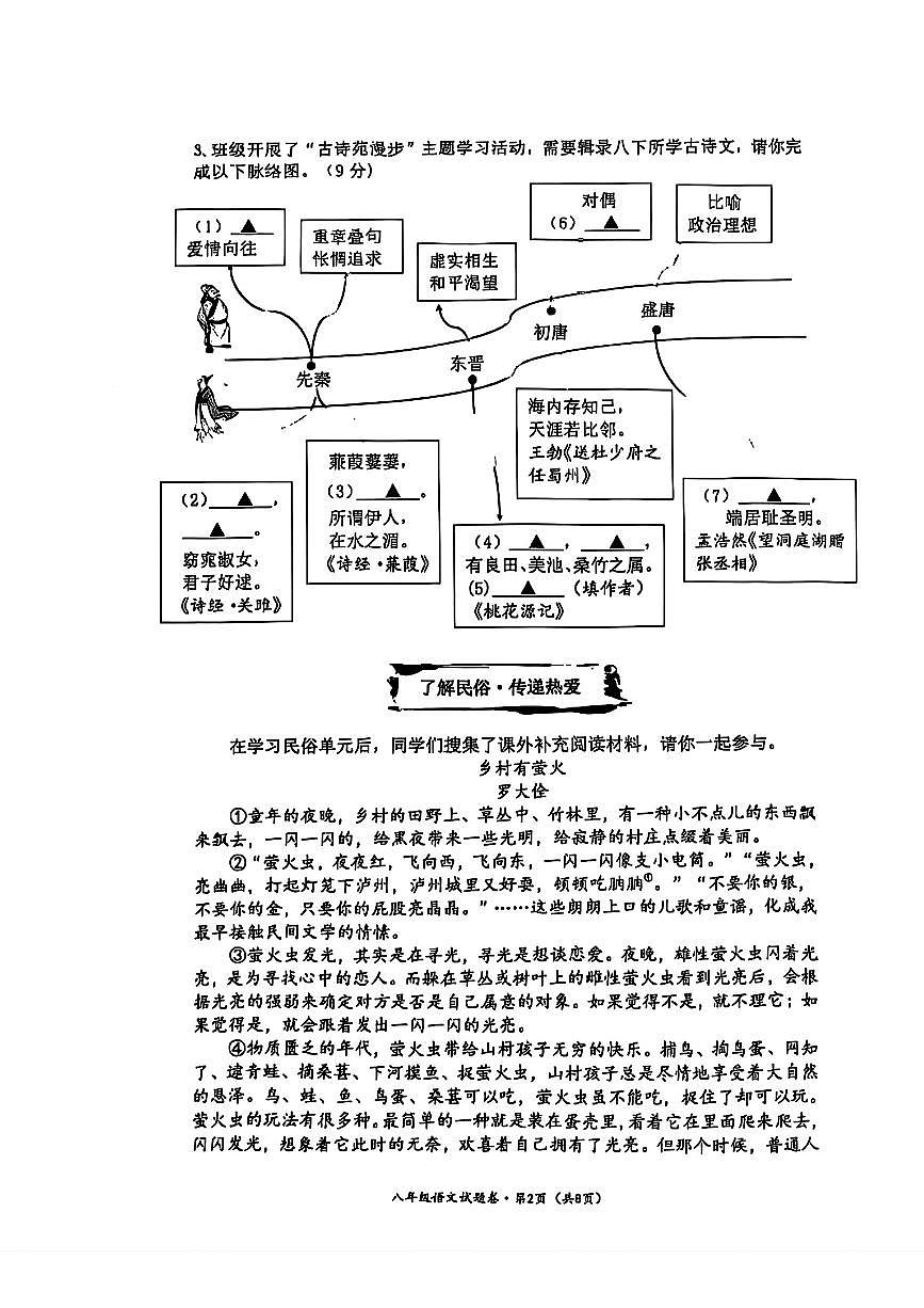 浙江省杭州市十三中学2024-2025学年八年级下语文期中试卷第2页