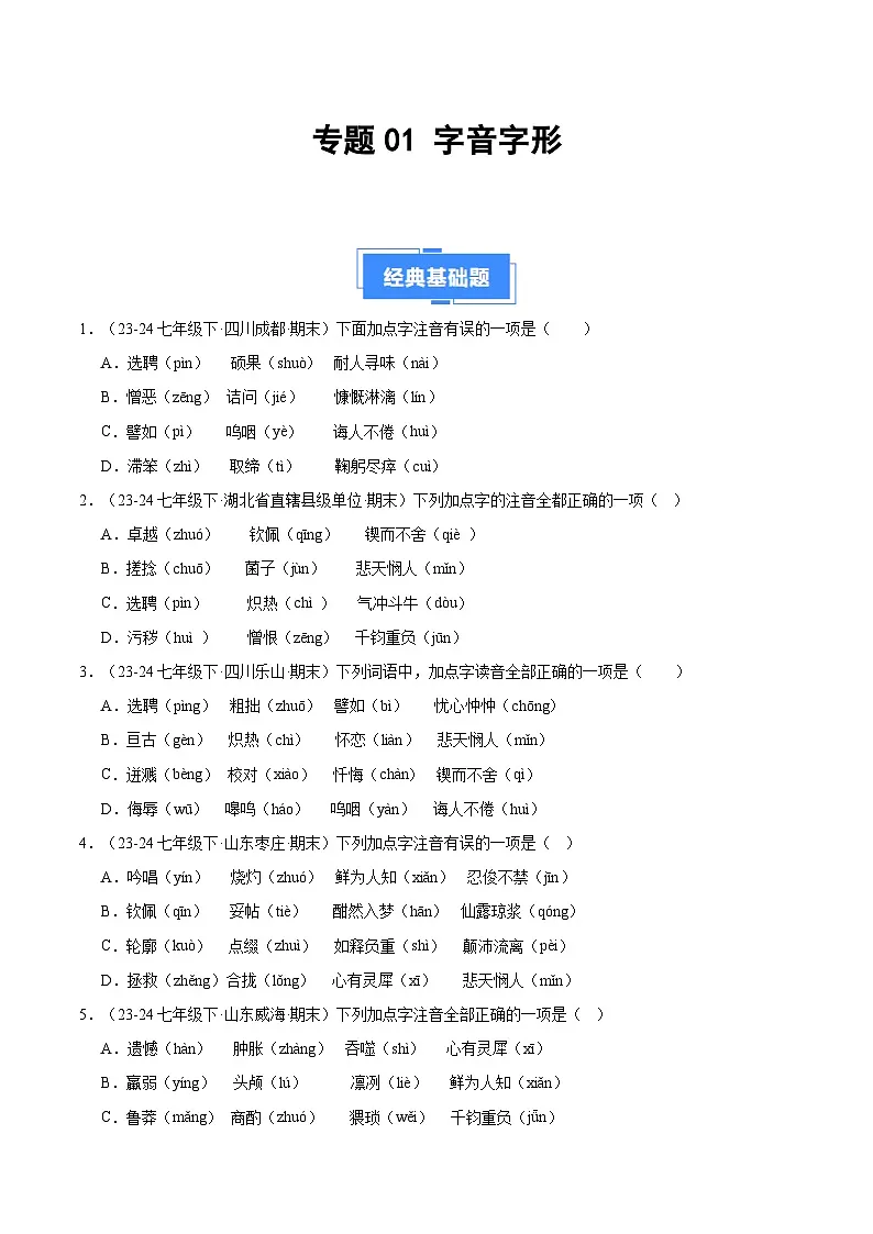 专题01 字音字形（原卷版）第1页