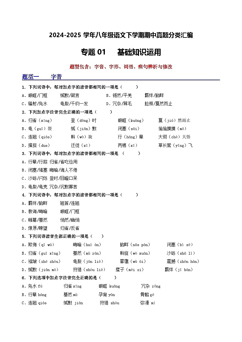 八年级语文下册期中备考真题汇编 专题01 基础知识运用（原卷版）2024-2025学年第二学期 统编版第1页