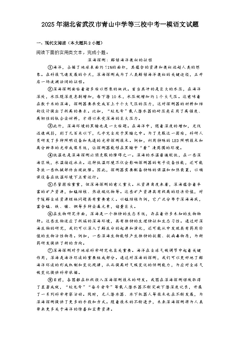 2025年湖北省武汉市青山中学等三校中考一模语文试题（含答案）第1页