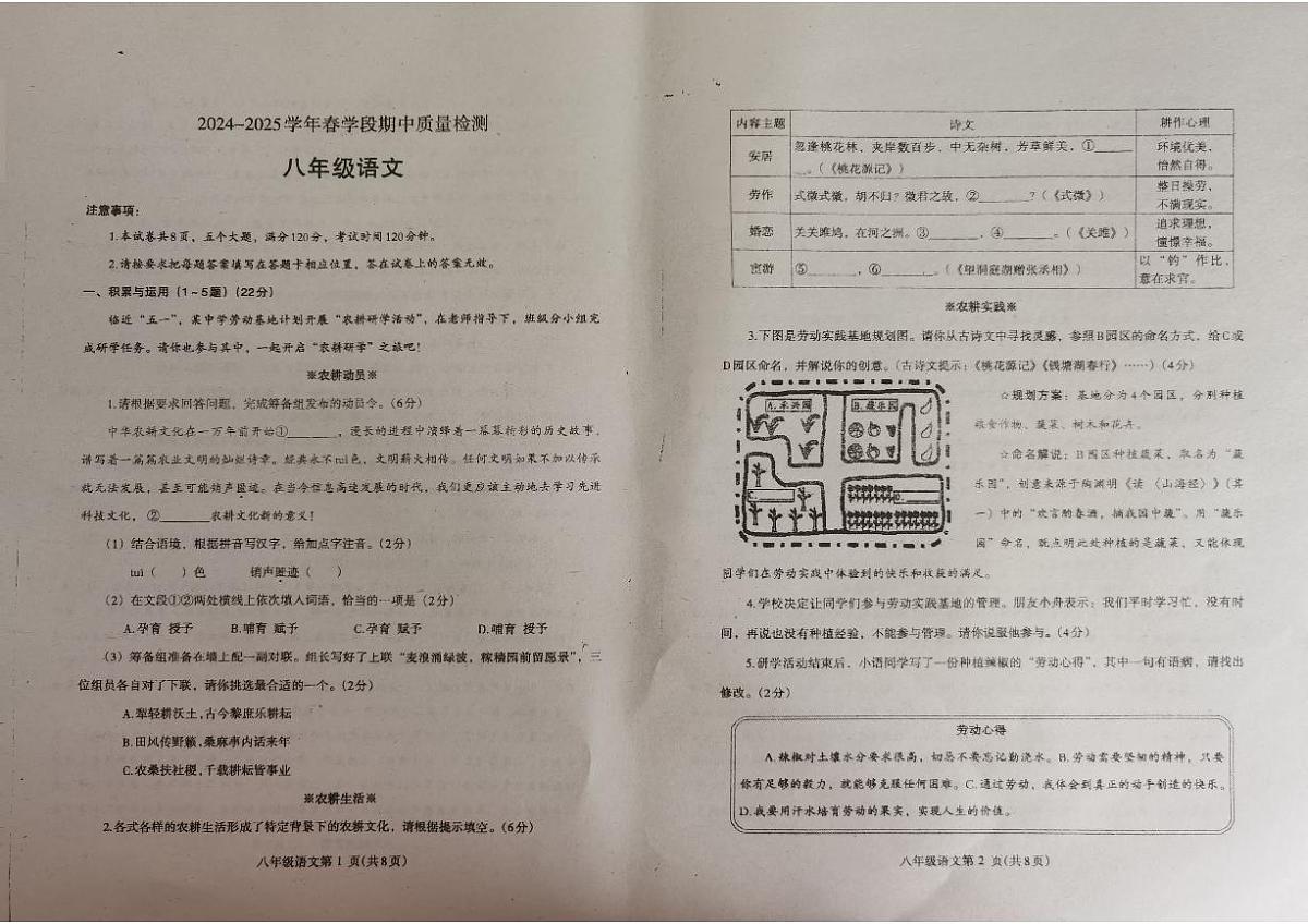 河南济源人教版2024年—2025年初中语文八年级下学期期中语文试卷第1页