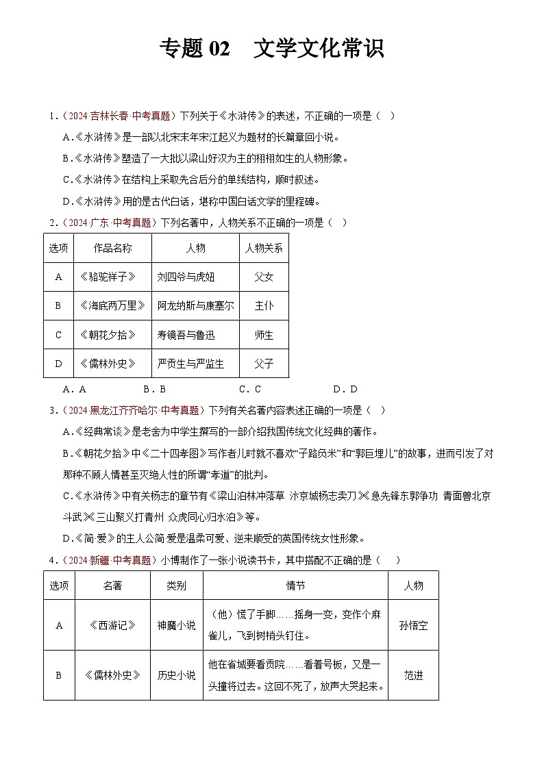 2024年中考语文真题分类汇编专题02  文学文化常识（第02期）（原卷版）第1页
