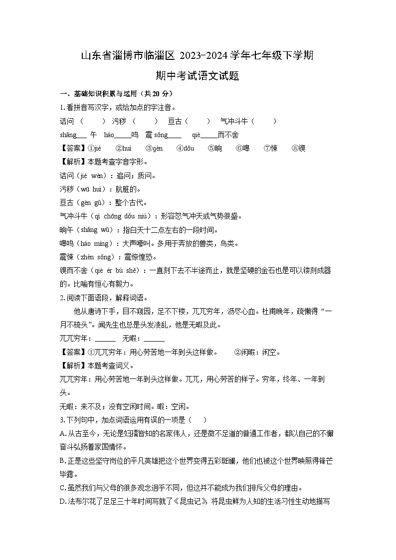 山东省淄博市临淄区2023-2024学年七年级下学期期中考试语文试卷（解析版）第1页