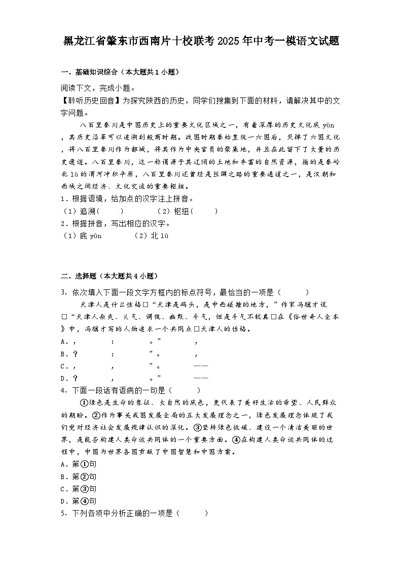 黑龙江省肇东市西南片十校联考2025年中考一模语文试题（含答案）第1页