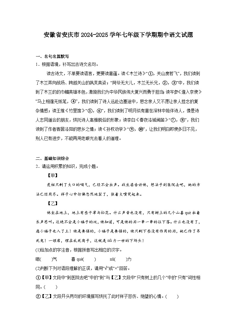 安徽省安庆市2024-2025学年七年级下学期期中语文试题（含答案）第1页