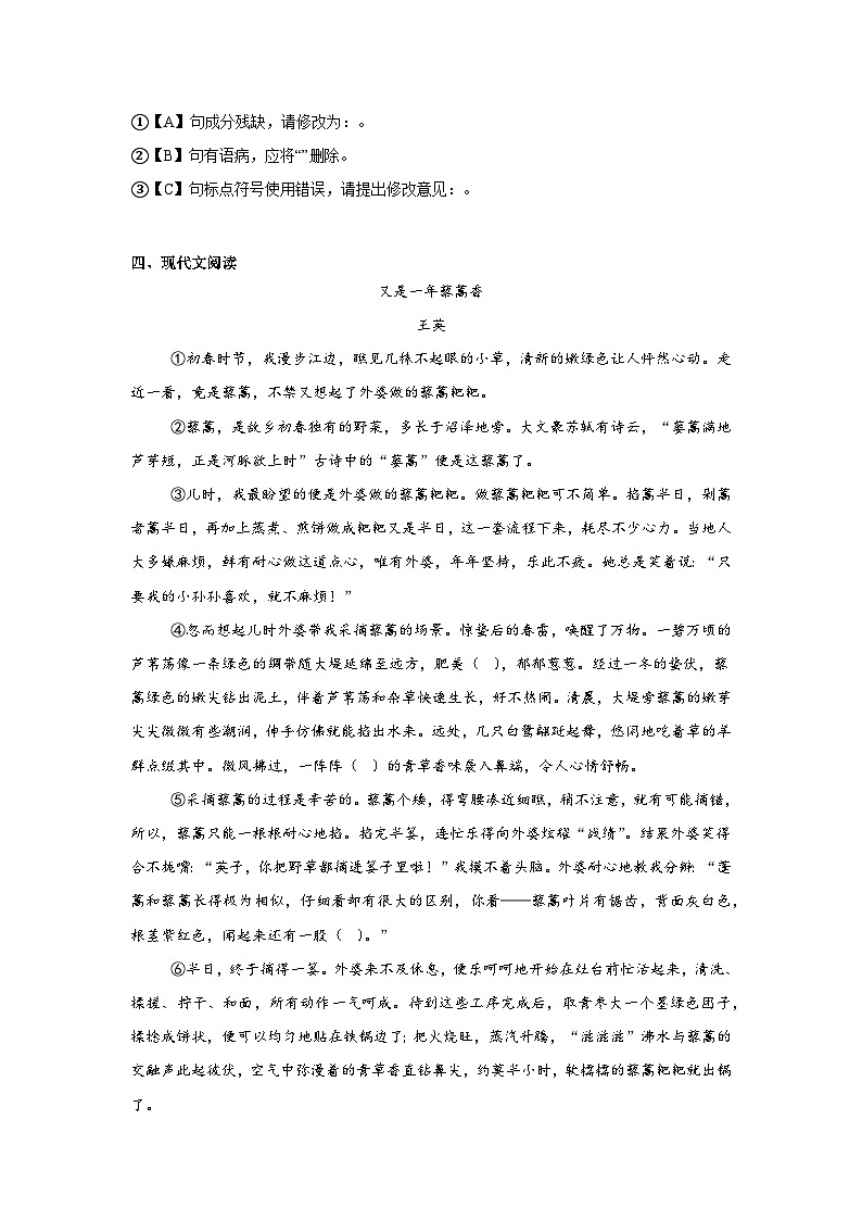 安徽省安庆市2024-2025学年七年级下学期期中语文试题（含答案）第3页