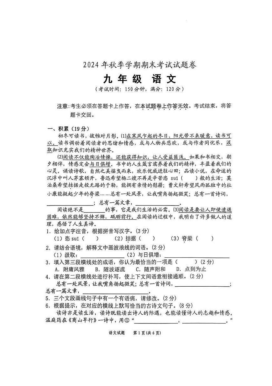 广西河池市宜州区2024-2025学年九年级上学期语文期末考试试卷第1页