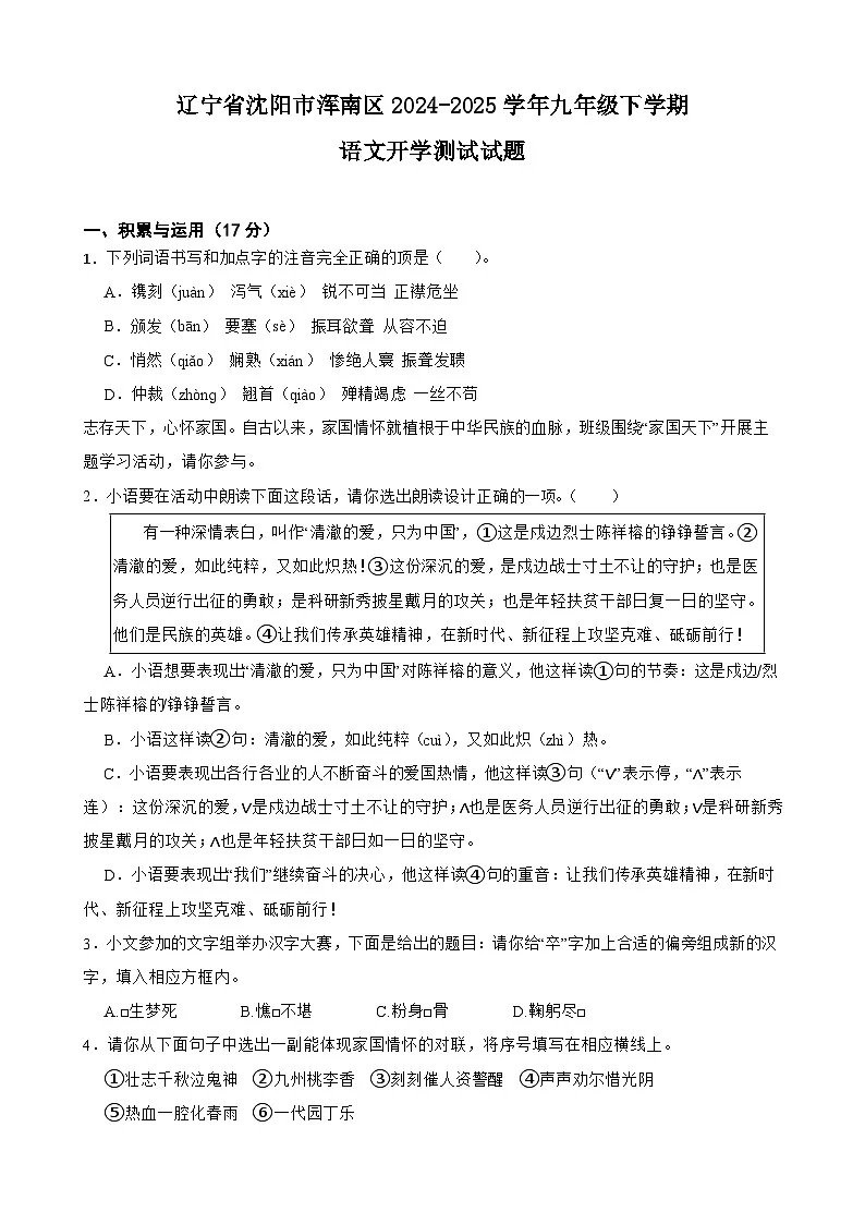 辽宁省沈阳市浑南区2024-2025学年九年级下学期语文开学测试试题第1页