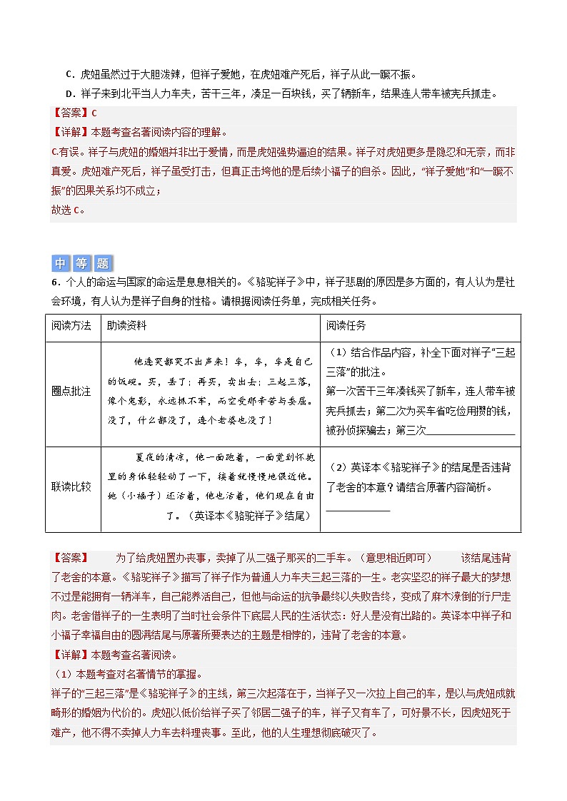 七年级语文下册“整本书阅读”《骆驼祥子》《钢铁是怎样炼成的》专练（解析版）2024-2025学年统编版第3页
