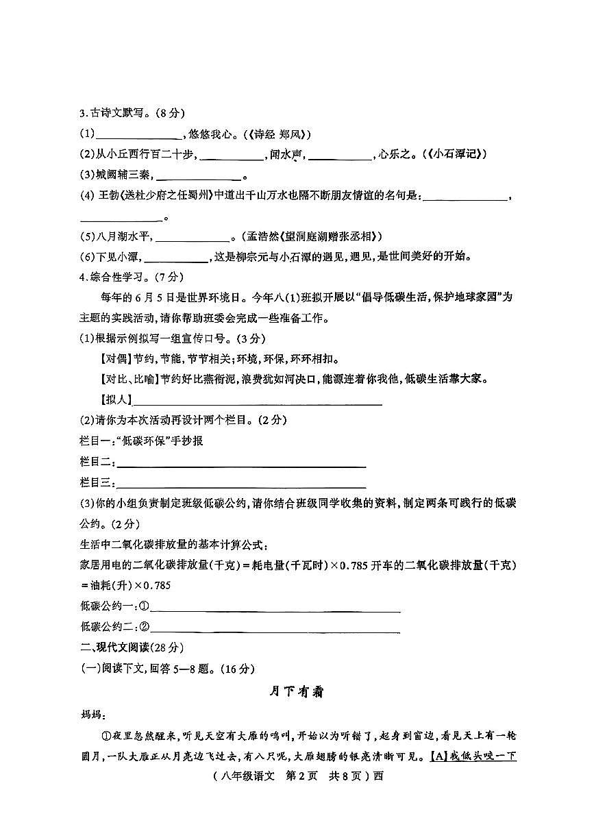 河南省驻马店市西平县2024—2025学年度第二学期期中素质八年级语文试卷第2页