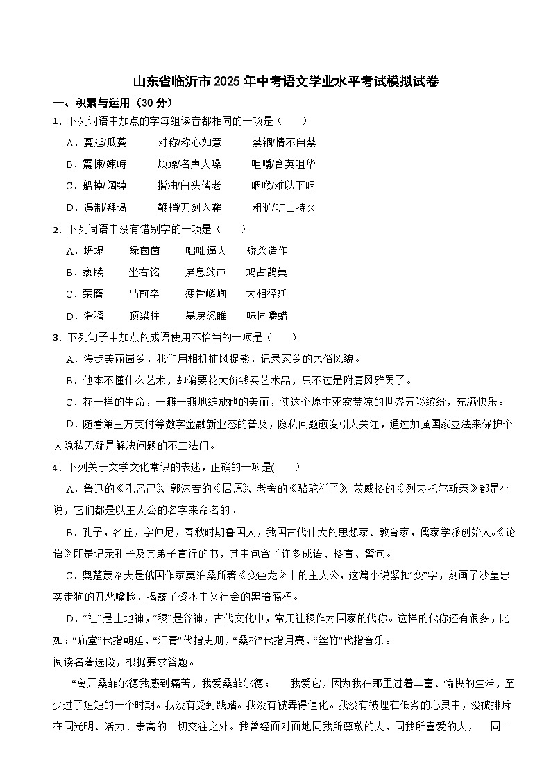 山东省临沂市2025年中考语文学业水平考试模拟试卷附参考答案第1页