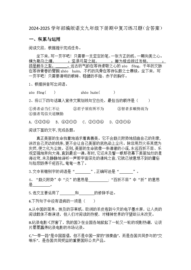 2024-2025学年部编版语文九年级下册期中复习练习题（含答案）第1页