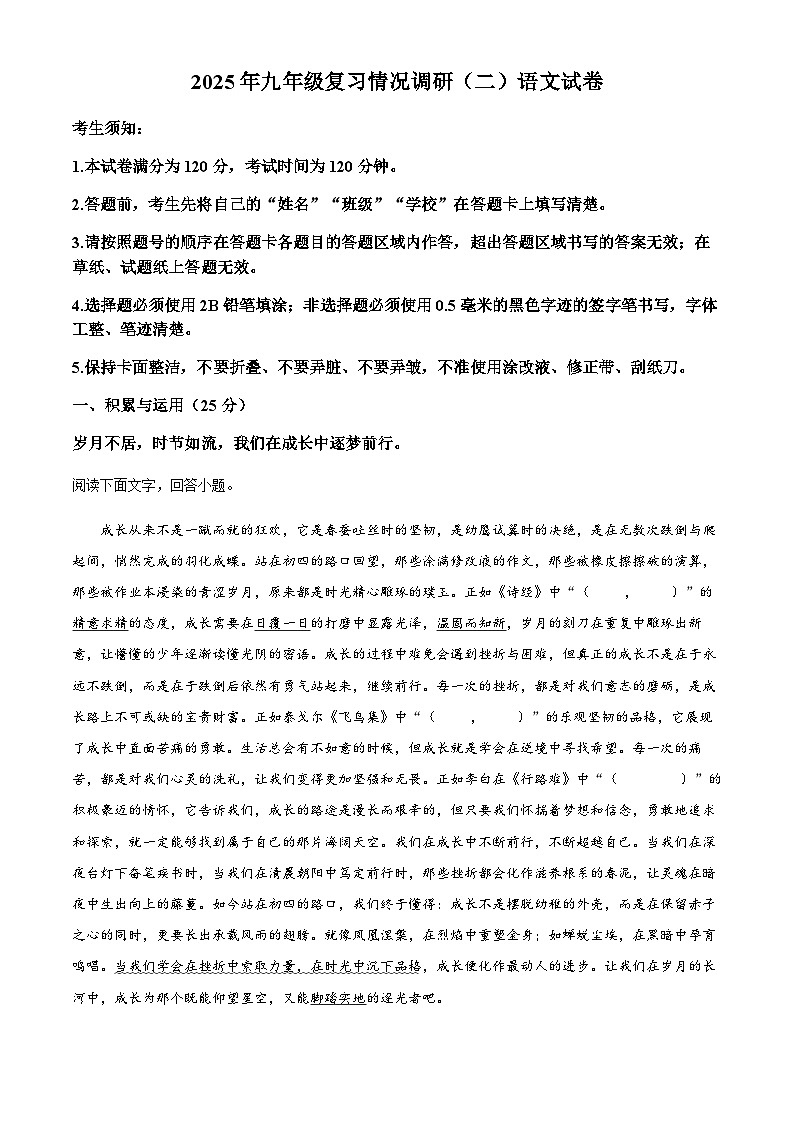 2025年黑龙江省哈尔滨市南岗区九年级中考一模语文试题（含答案）第1页