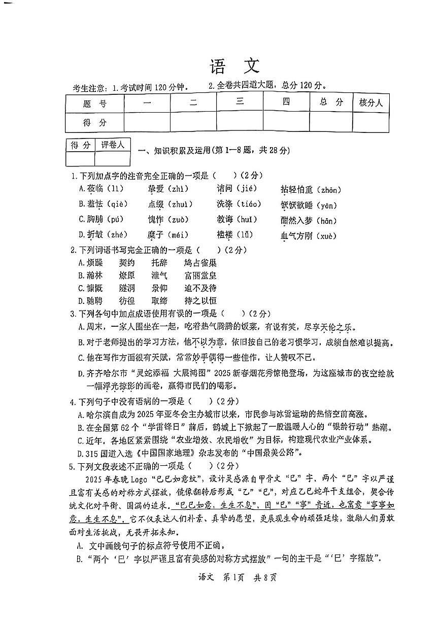 2025年黑龙江省齐齐哈尔市中考一模语文试题第1页