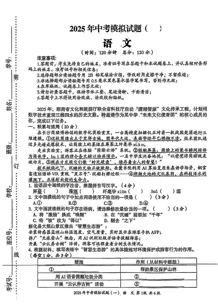 2025年湖南省娄底市新化县中考一模考试语文试题第1页