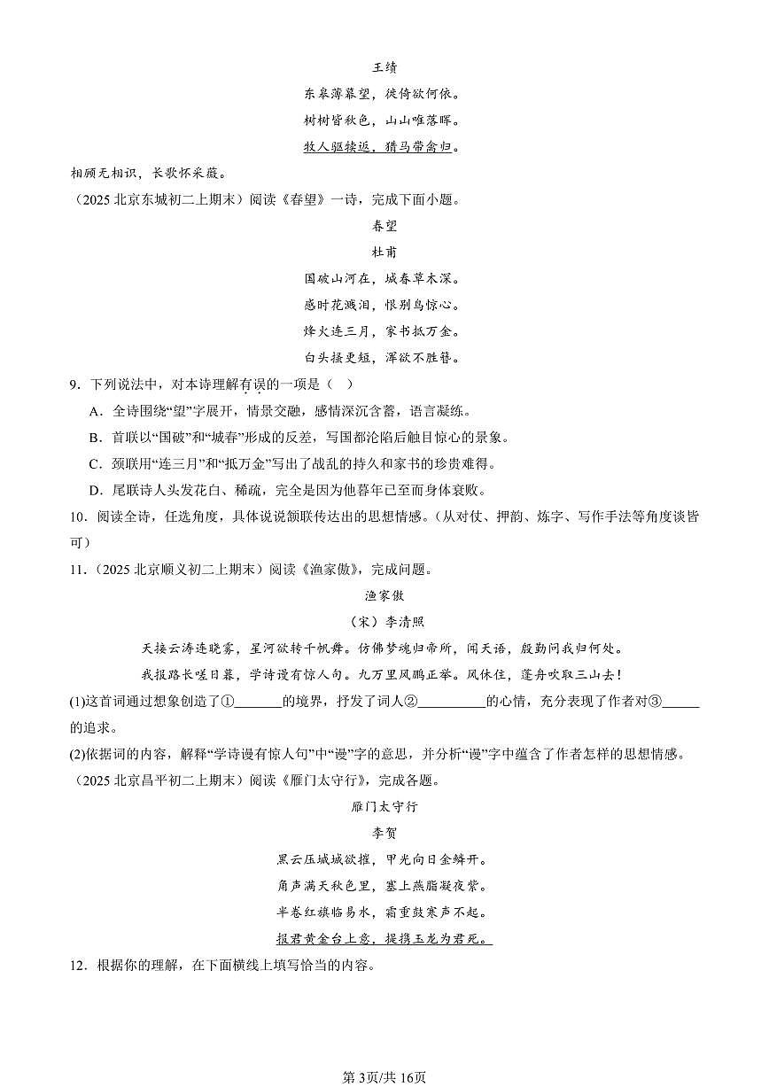 2025北京初二（上）期末真题语文汇编：诗歌鉴赏第3页