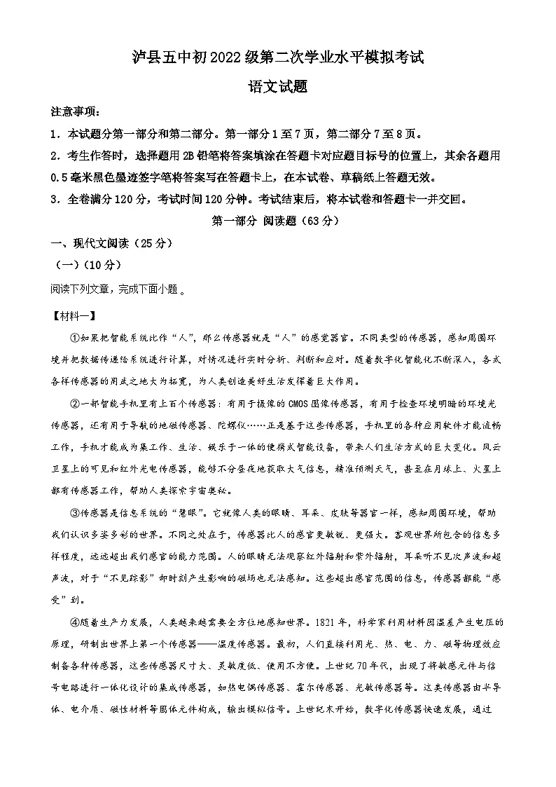 2025年四川省泸县第五中学中考二模语文试题（原卷版+解析版）第1页