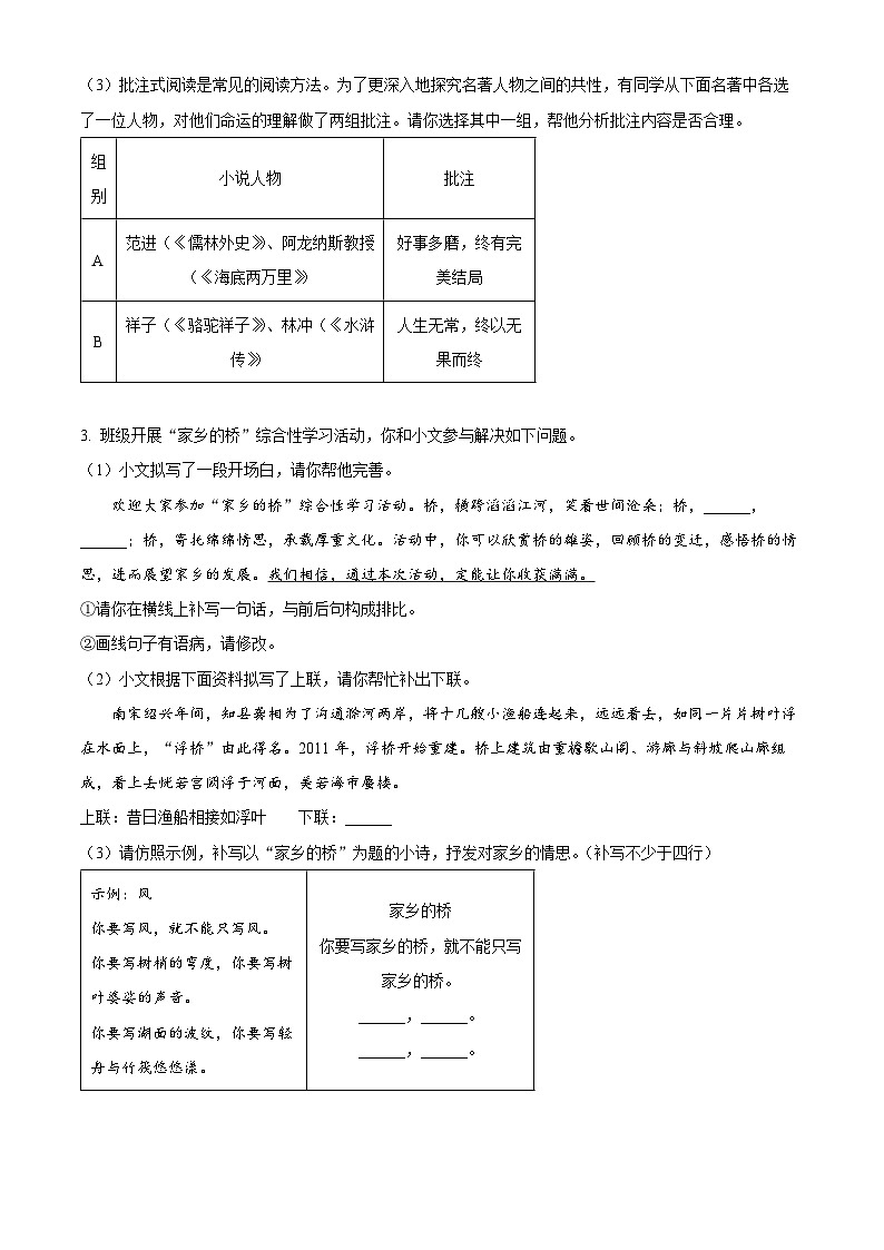 安徽省六安市舒城县校联考2024-2025学年九年级下学期4月月考语文试题（原卷版+解析版）第2页