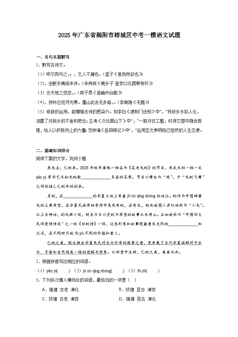 2025年广东省揭阳市榕城区中考一模语文试题（含答案）第1页