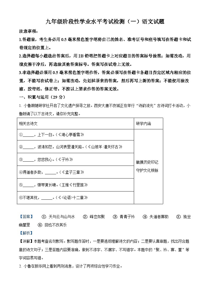 2025年山东省菏泽市牡丹区中考一模语文试题（含答案）第1页