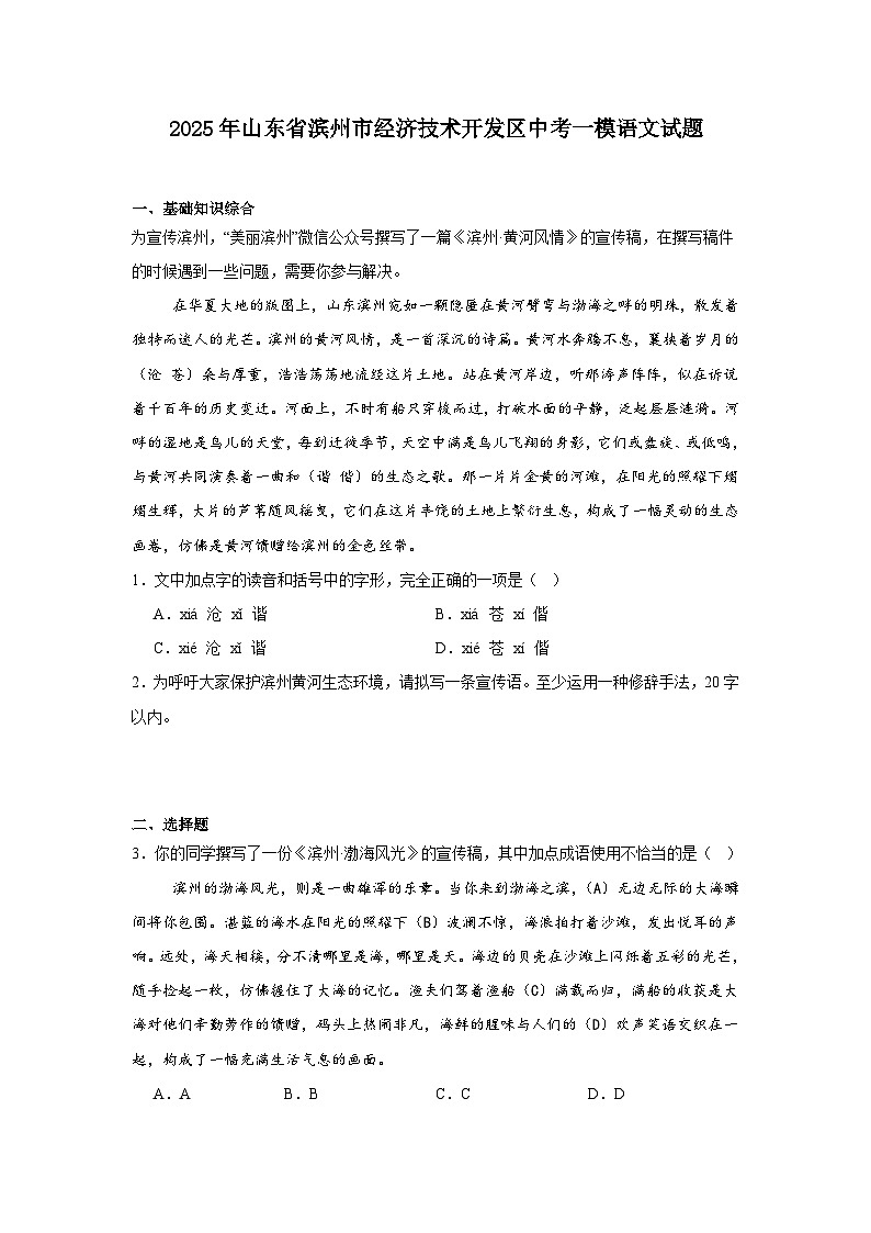 2025年山东省滨州市经济技术开发区中考一模语文试题（含答案）第1页