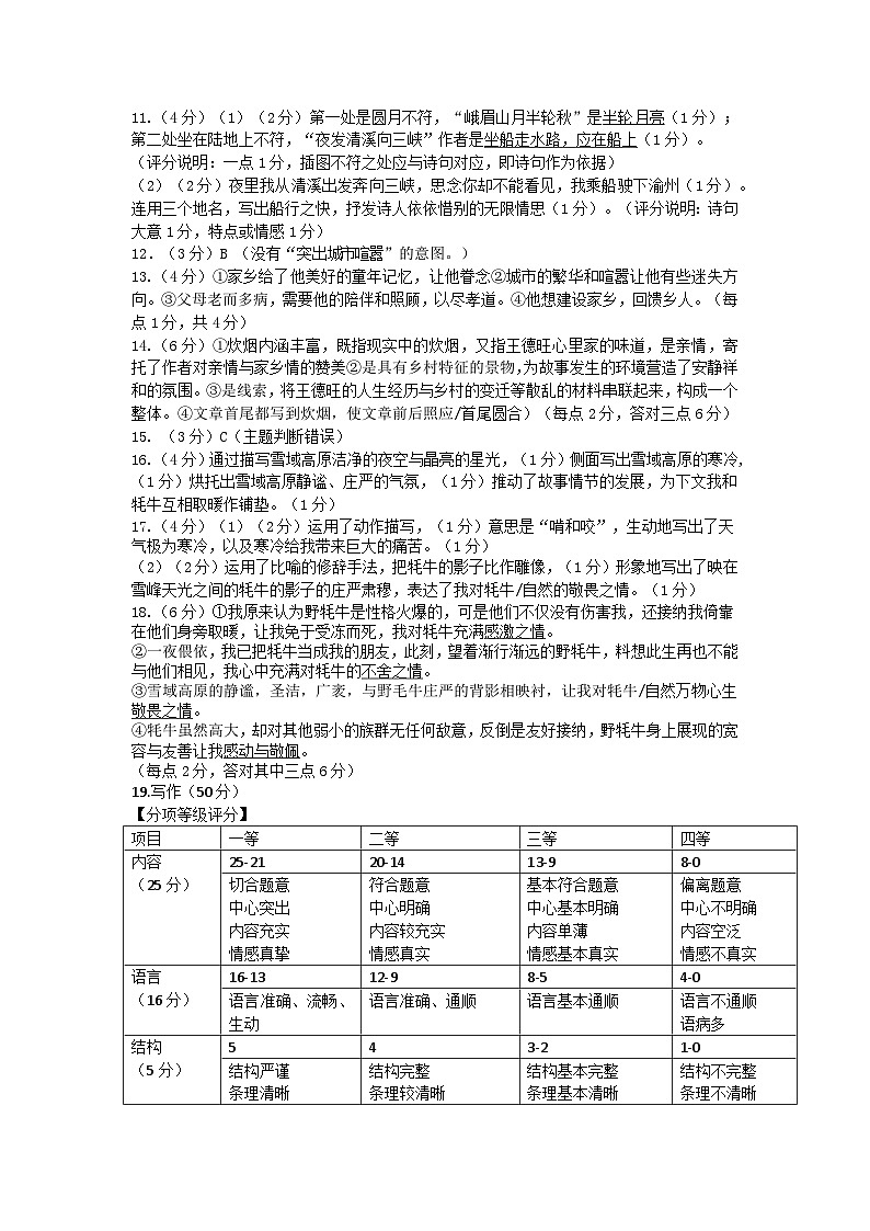 2024学年第一学期七年级语文科期末测试题参考答案第2页