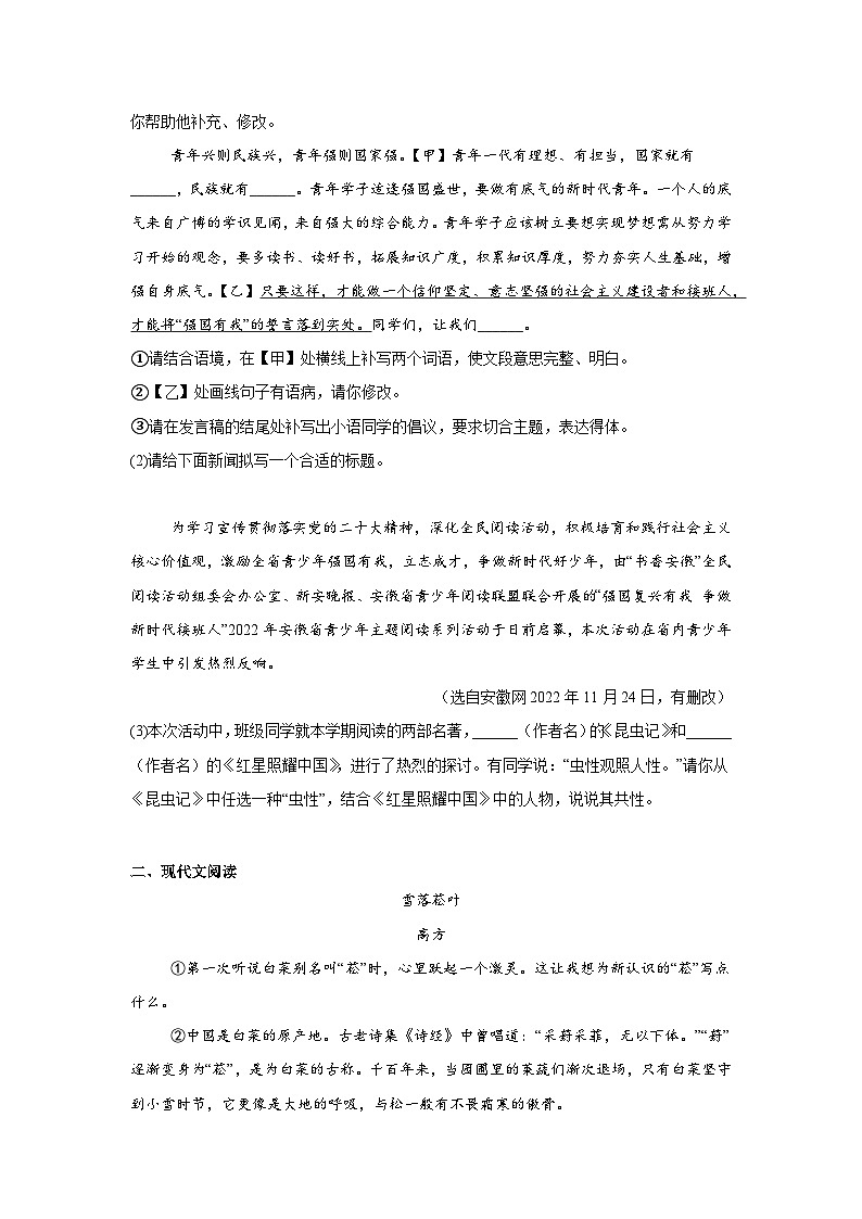 安徽省安庆市外国语学校2024-2025学年八年级上学期期末语文试题第2页