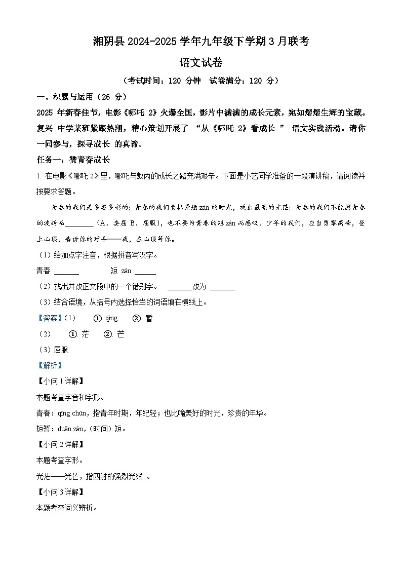 湖南省岳阳市湘阴县2024-2025学年九年级下学期3月月考语文试题（解析版）第1页