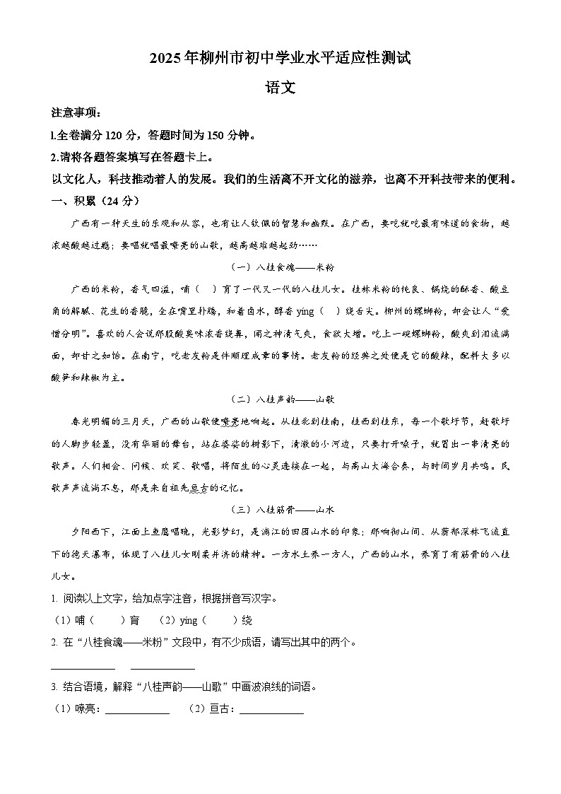 2025年广西壮族自治区柳州市中考一模语文试题（解析版）第1页