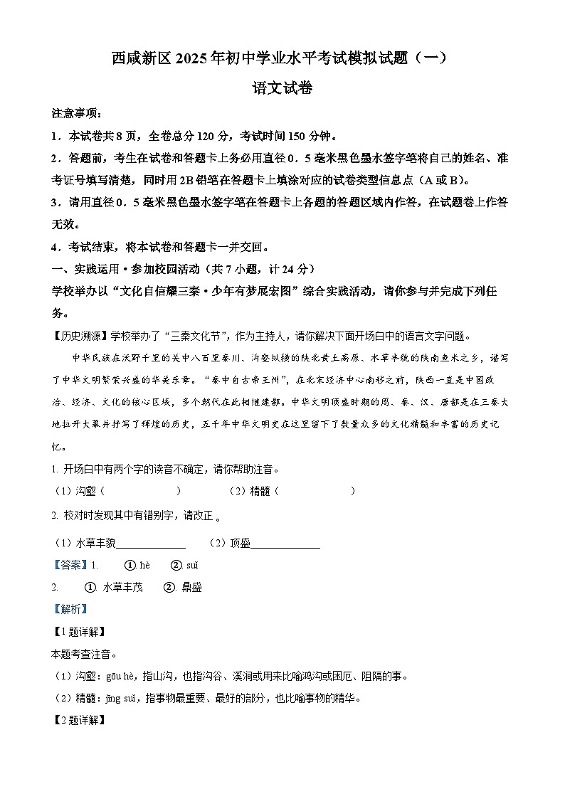 2025年陕西省西安市西咸新区中考一模语文试题（解析版）第1页
