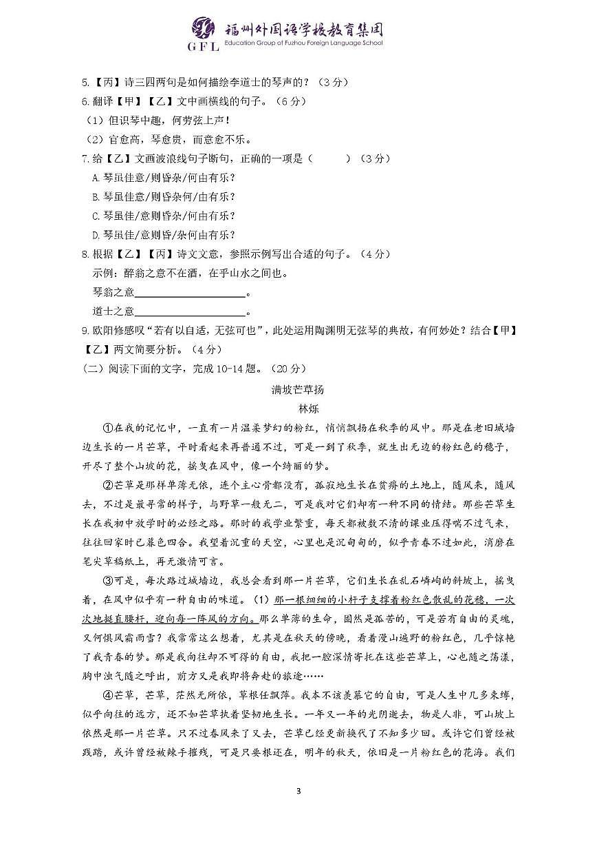 福建省福州市福州外国语学校（福州第九中）2024-2025学年九年级下学期期中考试语文试题（图片版含答案）第3页