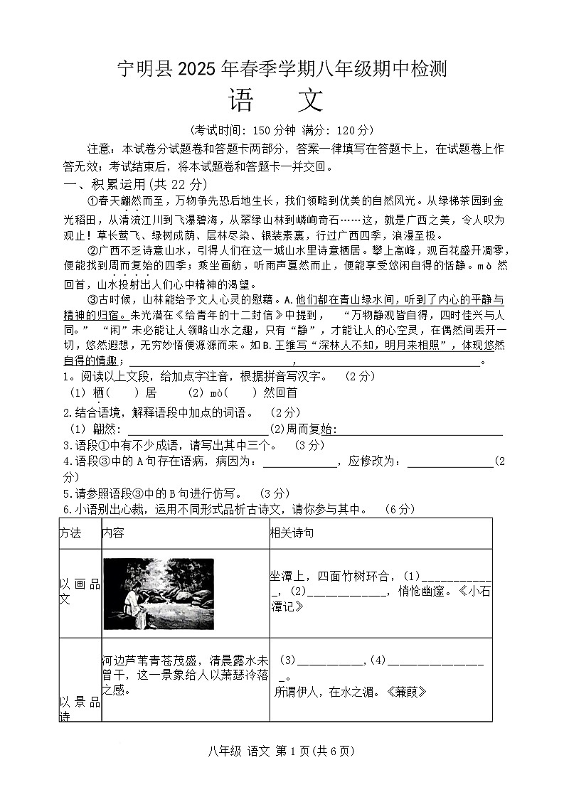广西壮族自治区崇左市宁明县2024-2025学年八年级下学期4月期中语文试题第1页