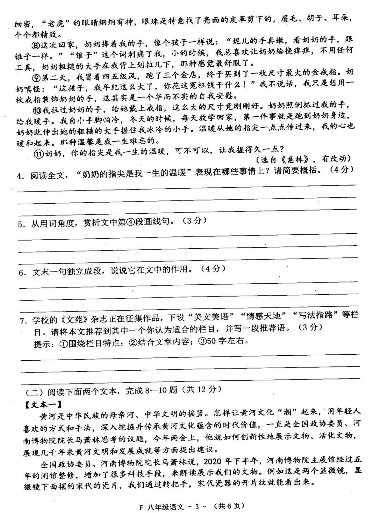 河南省驻马店市汝南县2024-2025学年八年级下学期4月期中素质测试语文试题第3页